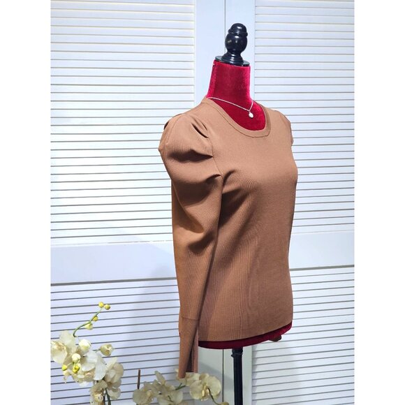 Apparallel Women's Brown Long Sleeve Knit Top With Puff Shoulders Sz L 2457 - Picture 3 of 11